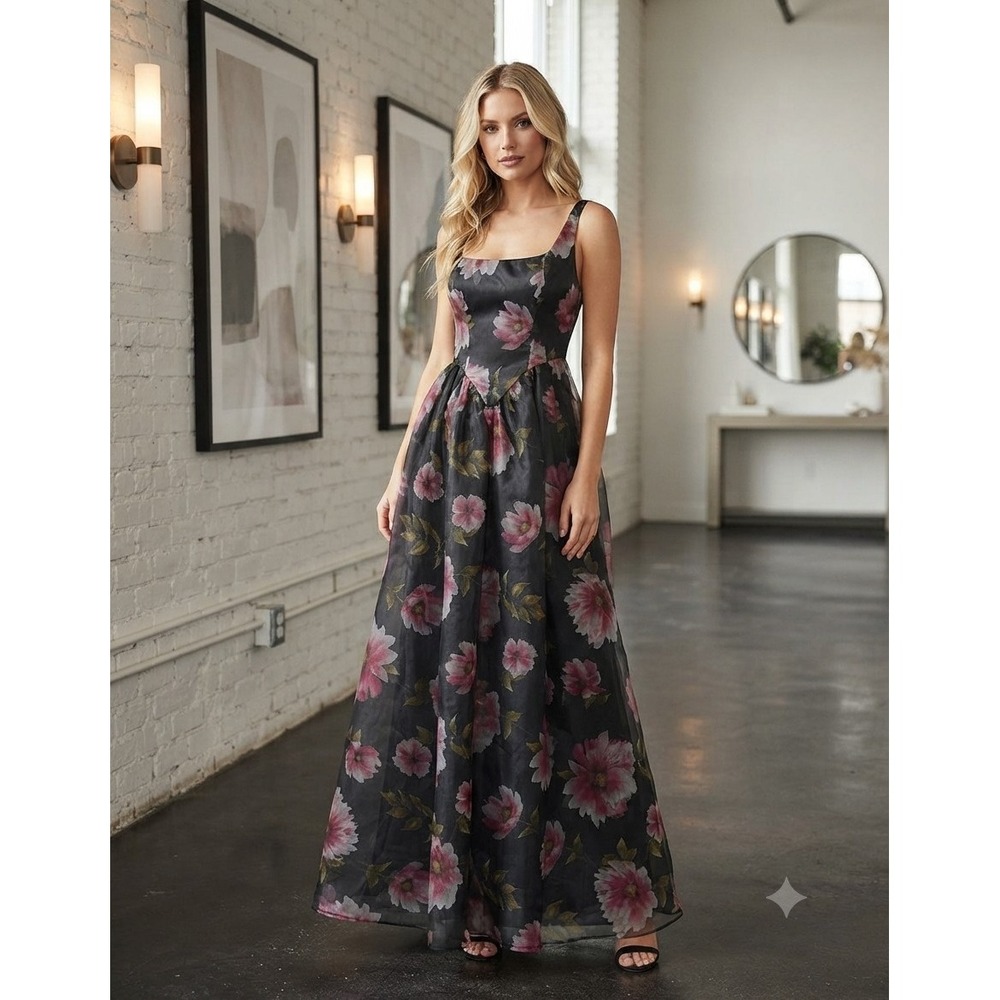 New Lulus Black Pink Floral Organza Lace-Up Back Maxi DressXS